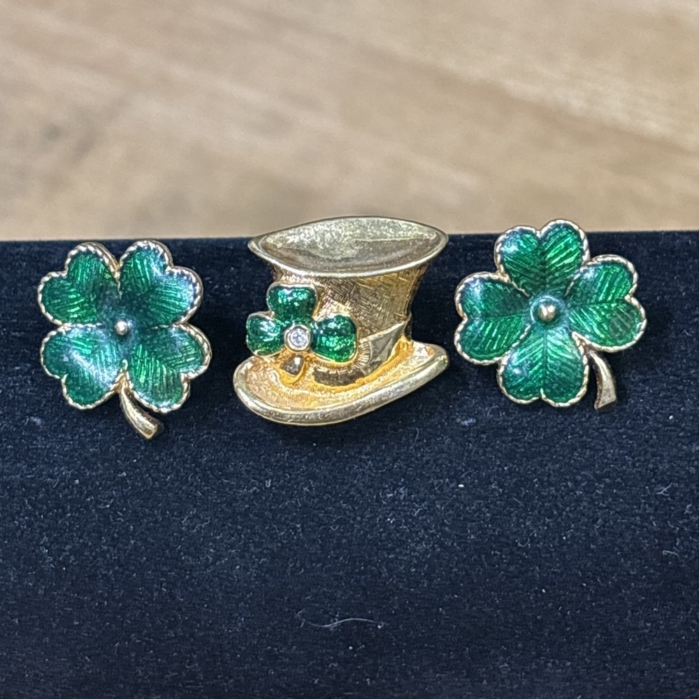 Vintage Avon 1991 Hats Off St Patricks Shamrock Earrings & Hat Pin Set